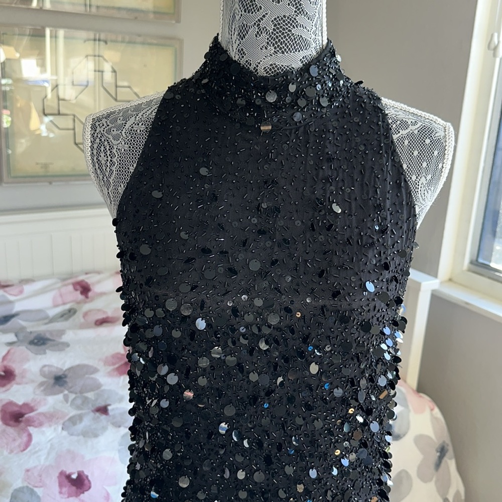 Bicici 100% Silk Sequin & Beaded Black Halter Mock Neck DiscoMini Cocktail Dress - Picture 10 of 14
